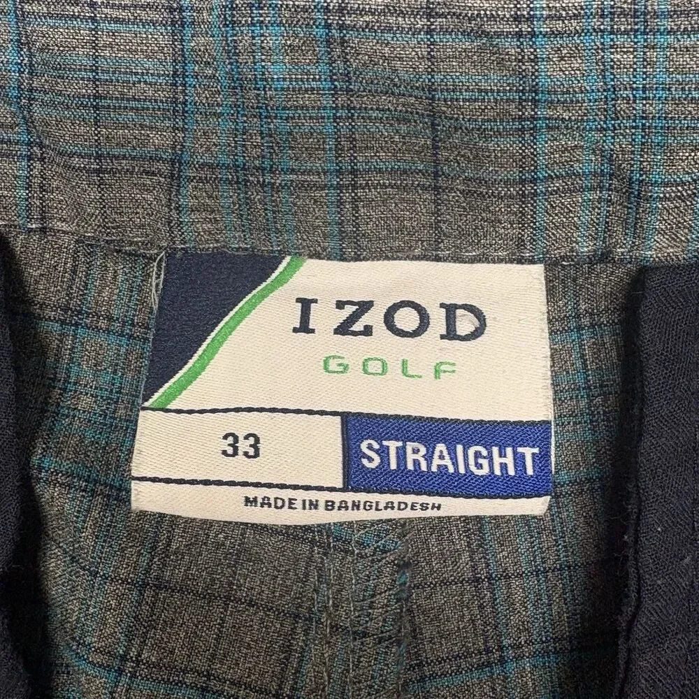 IZOD Golf Shorts Mens 33 Gray Teal Blue Plaid Check Straight Stretch Performance
